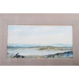 F A Fairlie: watercolours, coastal scene with figure in foreground, 5" x 10", in wash line mount and