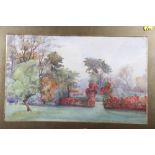 English mid 20th century: watercolours, garden scene in autumn, 10" x 16 1/2", in gilt frame