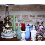 A Masons ginger jar, an LSA green glass vase, a decanter, a stein, four cranberry glasses and