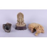 A Chinese soapstone recumbent Dog of Fo, 5 1/2" long, a Chinese soapstone seated Buddha sutra, 5 1/