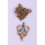 An Edwardian Art Nouveau yellow metal, turquoise and seed pearl pendant and a 9ct gold necklace, 7.