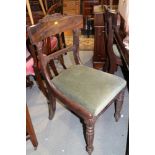 Six early 19th century bar back chairs with seats upholstered in a green fabric, on fluted