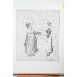 George Belcher RA: a chalk drawing, maid and mistress, 15" x 12 1/2", in oak strip frame