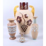 A Doulton silicon vase with sprigged decoration, 8" high, two smaller, similar vases and a gilt