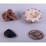 A collection of rock and crystal specimens, including a desert rose, half a geode, a fossilised tree