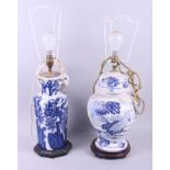 Two Oriental style blue and white table lamps