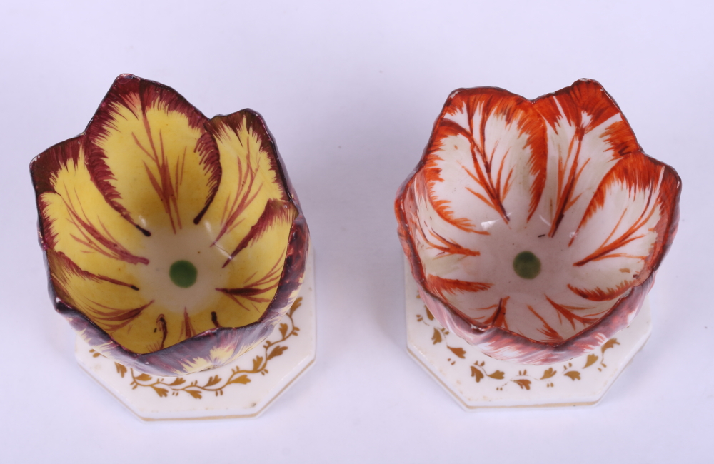 Two 18th century Derby "Tulip" pattern egg cups, on octagonal bases (restorations 2 1/4" high - Image 2 of 8