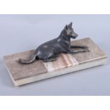 A 1930s silvered model of a German Shepherd dog, on stone base, 12" wide overall