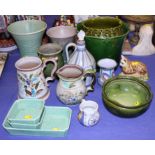 An assortment of studio pottery and other ceramics, including a tankard with signature to base, a