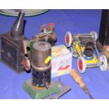 A selection of tin-plate toys and engines, including a Mamod miniature grinding machine