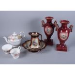 A pair of Staffordshire vases together with a wash jug and basin, a Paragon teapot, and a cream