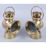 A pair of brass Lucas "King Road" car lamps (glass damaged on one lamp), 10 1/2" high