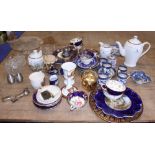 A 19th century pearlware blue and white pickle dish, a Paragon Queen's Golden Jubilee three-piece