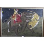 A late 19th century Anglo Indian bodycolour, tiger hunt with elephant, 21" x 31", in gilt frame