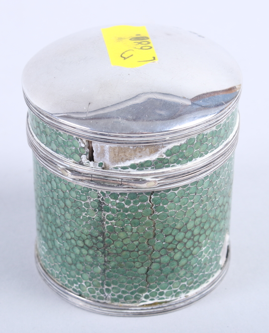 A Victorian silver and shagreen cylindrical hinged pot, a cut glass dressing table jar with silver - Image 3 of 3