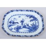 An 18th century Chinese blue and white porcelain octagonal meat dish with figures in a garden