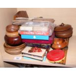 An assortment of treen, including bowls, together with various games, playing cards, a modern German