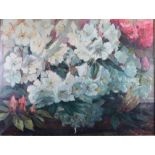 Mary Askell: oil on canvas still life, white hibiscus, 27 1/2" x 21 1/2", in linen lined frame