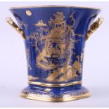 A Carlton ware Blue Royale two-handled planter with gilt Oriental landscape, 8" high (foot rim