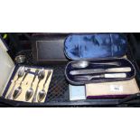 A number of cased sets of flatware, a pair of cased fish servers and a pair of silver plated salt