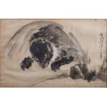 A late 18th century Japanese watercolour sketch of a rat, signed, 9" x 14", in lacquered strip