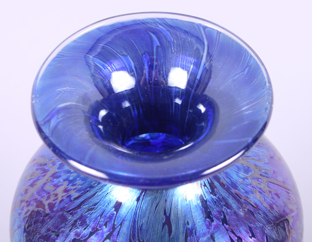 A baluster-shaped iridescent blue lustre vase, signed to base, 9 1/2" high - Image 3 of 6