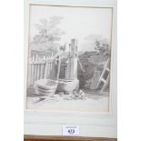 A T Thorpe, 1811: a monochrome wash drawing, pump and fowl, 9 1/4" x 7 1/4", in wash line mount