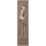 Robert Gillmor: a signed woodcut, standing heron, 3" x 12", in strip frame