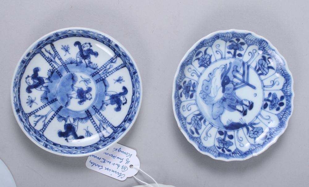 Three 19th century Chinese blue and white porcelain lobed saucers with figure decoration, 4 1/2" - Image 8 of 9