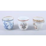 Three 18th century Chinese armorial cups, various crests (rim chips, repairs and rubbed gilding)