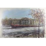 John Bampfield: a pair of oil on canvas, Horse Guards astride, Buckingham Palace and Palace of