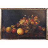 A 19th century oil on canvas, still life of apples, 11" x 17", in gilt open oak frame