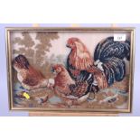 A 19th century carpet work/stitch panel of a cockerel, two hens and chicks, 10" x 15 1/2", in gilt