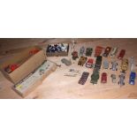 A collection of mainly Dinky die-cast toys, including a Bedford truck, a Massey Harris manure