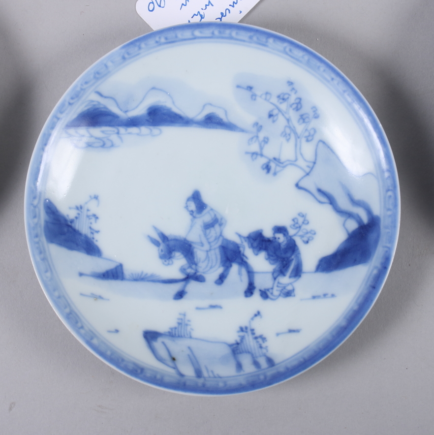 Three 19th century Chinese blue and white porcelain lobed saucers with figure decoration, 4 1/2" - Image 2 of 9