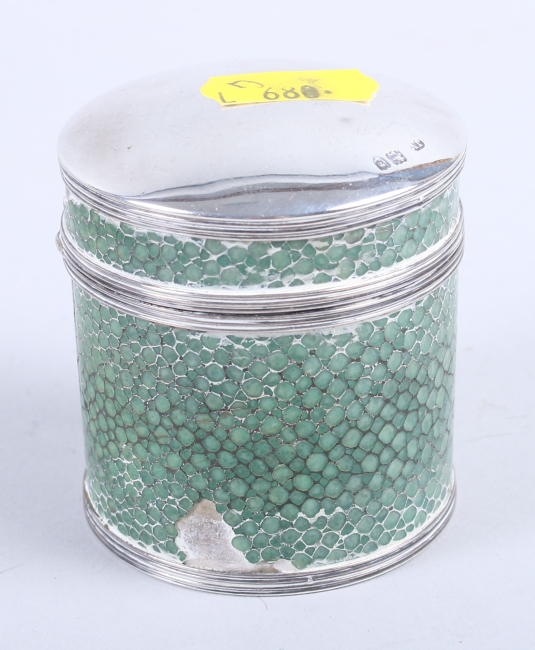 A Victorian silver and shagreen cylindrical hinged pot, a cut glass dressing table jar with silver - Image 2 of 3