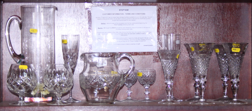 Four Edwardian cut glass champagne flutes, three other flutes, four ports, two brandies and two