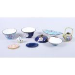 A collection of Canton enamel ware, including tea bowls, a miniature teapot, a snuff bottle, etc