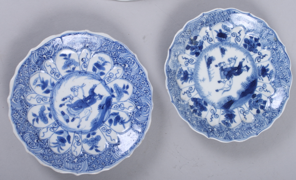 Three 19th century Chinese blue and white porcelain lobed saucers with figure decoration, 4 1/2" - Image 6 of 9