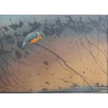 Allan William Seaby: a woodcut, Kingfisher on a branch, 11 3/4" x 8 1/2", in strip frame