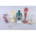 A Bohemian pedestal vase with a floral decorated panel, an art glass vase and other glass vases