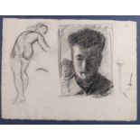 Three late 19th century French charcoal sketches, including a caryatid, in strip frames