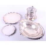 A silver plated bread basket, a plated biscuit barrel, two plated pie-crust trays and other items of