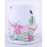 A Chinese famille rose brush pot with enamelled figure decoration, 5" high