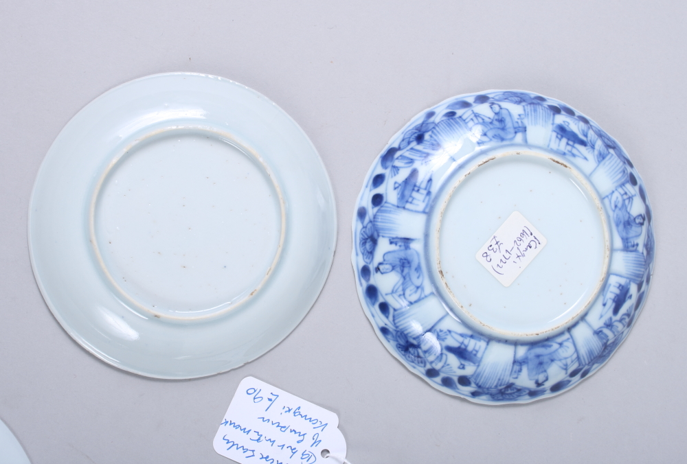 Three 19th century Chinese blue and white porcelain lobed saucers with figure decoration, 4 1/2" - Image 9 of 9