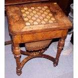 A late Victorian figured walnut and inlaid work / games table with fold over top, drawer and well,