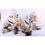 Fourteen horn model ships, some converted to table lamps, tallest 16" high