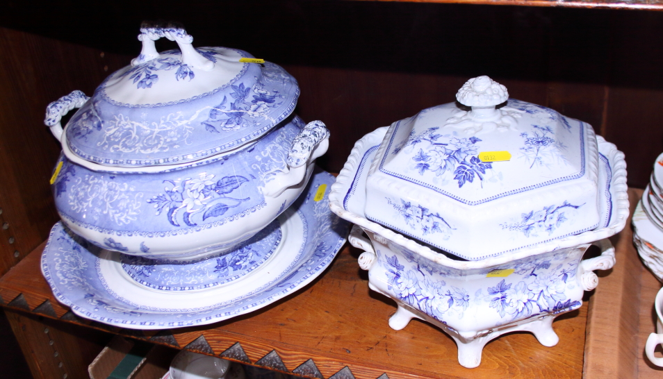 A Spode "Camilla" pattern soup tureen and stand (lid restored) and a Staffordshire pottery hexagonal