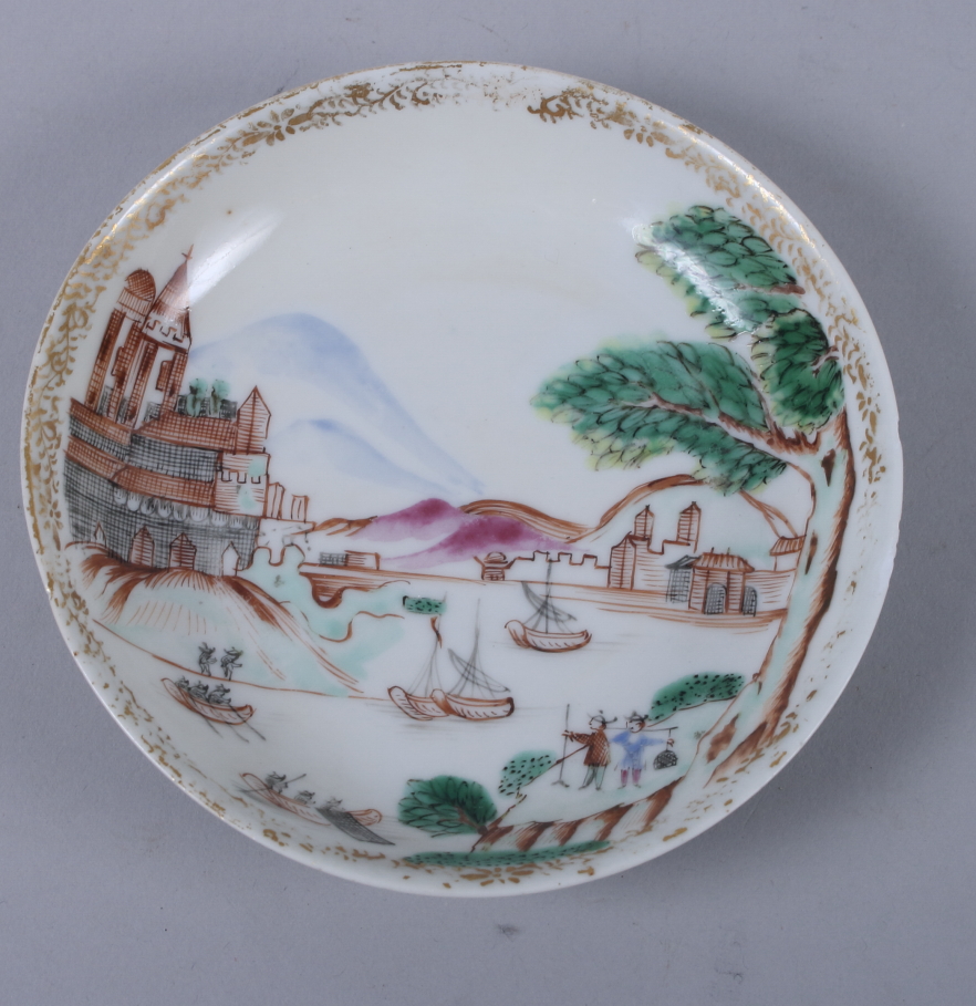 A Chinese porcelain polychrome sauce with European harbour scene, 4 3/4" dia, and a similar - Image 4 of 5