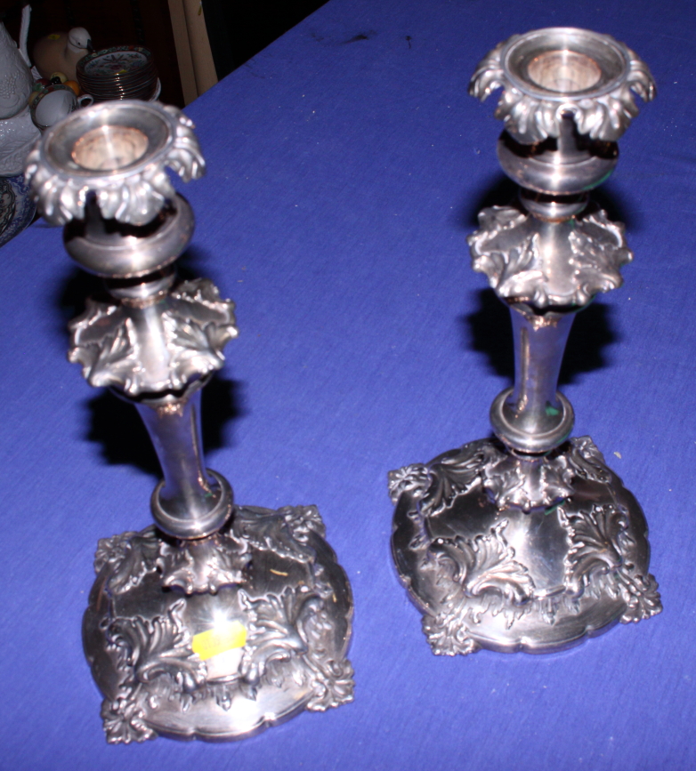 A pair of silver plate candlesticks, a three-piece teaset, and other plate, including salt and - Image 2 of 2